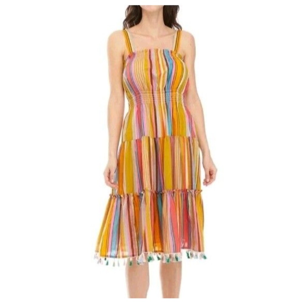 Tahari ASL Maxi Dress 12 Rainbow Striped Smocked Tiered Straps Ruffles
